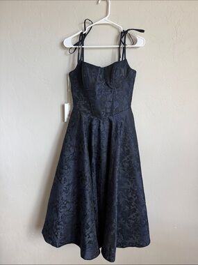 Navy and black Floral Jacquard Fit-and-Flare formal Dress with Tie Straps